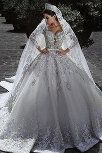 2024 Long Sleeves A Line Wedding Dresses Tulle With Applique And Sash