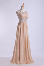 Load image into Gallery viewer, 2024 Prom Dresses Scoop A Line Floor-Length Open Back Chiffon With Beading