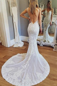 Luxurious Mermaid Lace Ivory V Neck Wedding Dresses, Backless Straps Wedding Dresses SRS15522