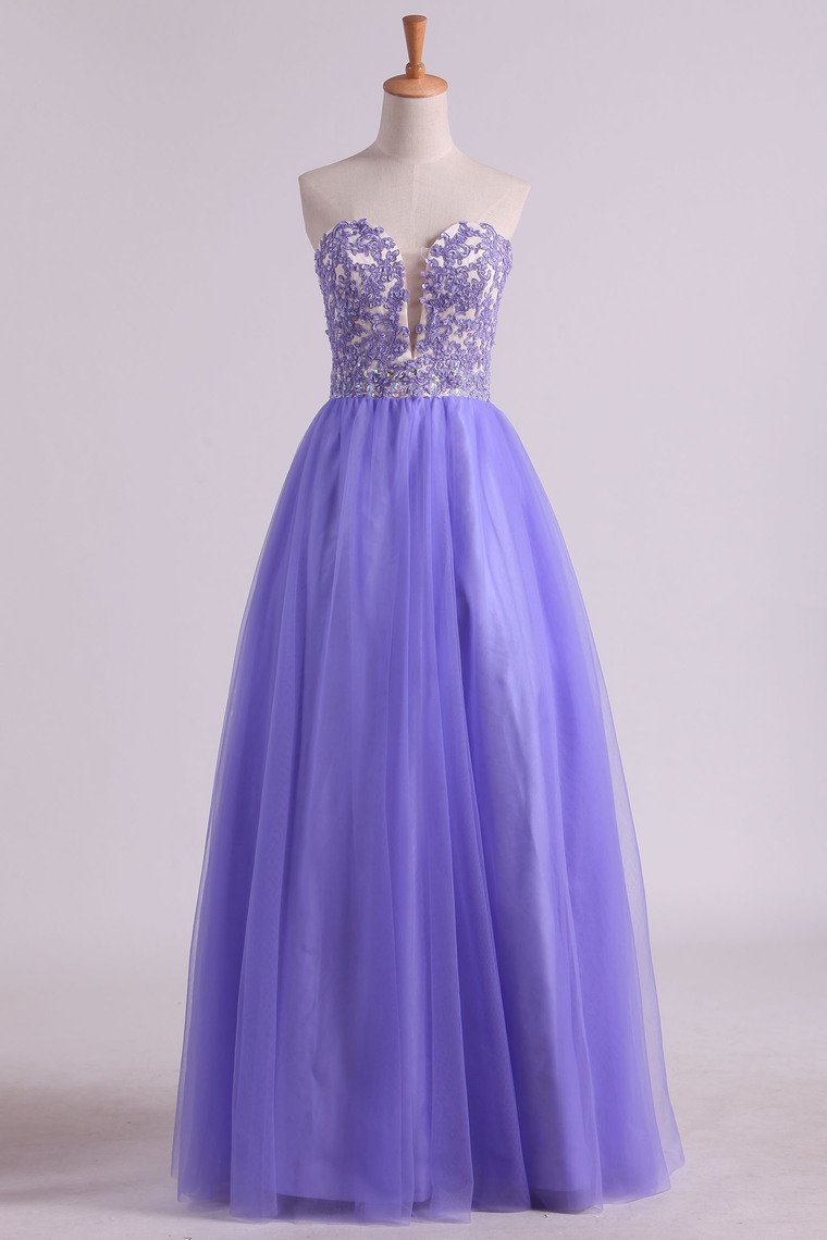2023 Sweetheart A Line Tulle Prom Dresses With Applique And Beads