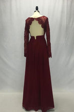 Load image into Gallery viewer, Long Sleeves V-Neck Lace Chiffon A-Line Maroon Prom Dresses Bridesmaid Dresses