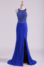 Load image into Gallery viewer, 2024 Open Back Prom Dresses Scoop Spandex With Beading And Slit Sweep Train
