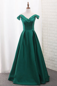 2024 Satin Prom Dresses A Line Off The Shoulder With Beading New Arrival
