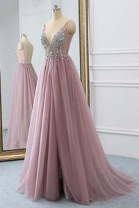 2023 Tulle Beading A-Line V-Neck  Prom Dresses WIth Sweep Train