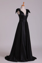 Load image into Gallery viewer, 2024 Deep V-Neck Evening Dresses A-Line Satin With Bow-Knot &amp; Ribbon