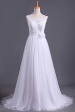 Load image into Gallery viewer, 2024 Straps A Line Wedding Dress Court Train Tulle With Applique &amp; Handmade Flower