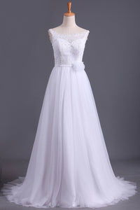 2024 Straps A Line Wedding Dress Court Train Tulle With Applique & Handmade Flower