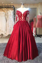 Load image into Gallery viewer, 2024 Long Sleeves Prom Dresses A Line Satin With Applique Floor Length