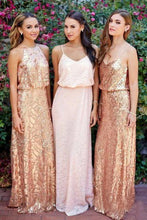 Load image into Gallery viewer, Cheap Pink Lace Sparkly Sequin Gold Mismatched Bridesmaid Dresses, Long Prom Dresses SRS15129