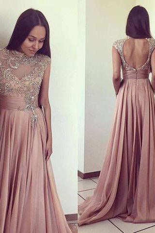 2024 Scoop Beads Long Cheap Open Back Chiffon Pink A-Line Sleeveless Prom Dresses RS777