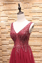 Load image into Gallery viewer, Simple A-Line Burgundy V-Neck Beads Tulle Long Sleeveless Slit Backless Prom Dresses RS241
