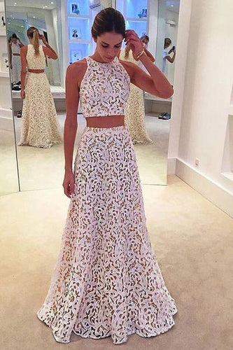 White lace round-neck two pieces A-line long evening dresses formal dresses from Cute dress RS185