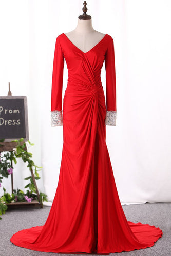 2024 V Neck Long Sleeves Mermaid Evening Dresses With Beads And Ruffles