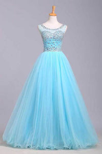2024 Bateau Beaded Bodice A Line/Princess Prom Dress With Tulle Skirt Open Back