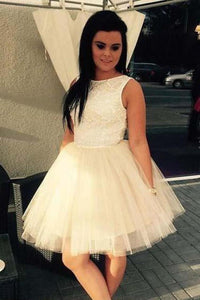 Cute A-Line Sleeveless Tulle Short Homecoming Dress With Lace Top