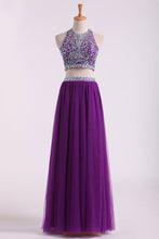 Load image into Gallery viewer, 2024 Halter Two Pieces A Line Prom Dresses Beaded Bodice Tulle Floor Length