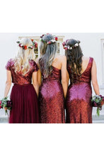 Load image into Gallery viewer, Sparkly Long Burgudny Sequin Shiny Wedding Party Dresses Bridesmaid Dresses