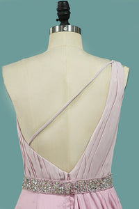 2023 Prom Dresses One Shoulder A Line Elastic Satin Zipper Up With Beaded Belt