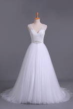 Load image into Gallery viewer, 2024 V-Neck A Line Wedding Dresses Tulle Beaded Bodice Court Train