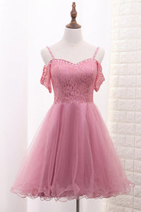 2024 Spaghetti Straps A Line Tulle & Lace With Beads Homecoming Dresses