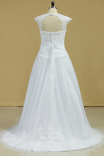 Load image into Gallery viewer, 2024 Open Back A Line Tulle With Applique And Handmade Flower Wedding Dresses Court Train
