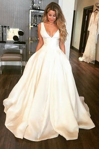 2023 V Neck Open Back A Line Satin With Ruffles Wedding Dresses