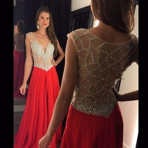 Red Prom Dress Slit Prom Gowns Mermaid With Rhinestones Crystal Chiffon Plus Size Dresses RS151