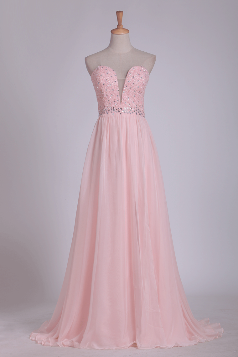 2024 Chiffon Sweetheart Beaded Bodice Prom Dresses A Line With Slit