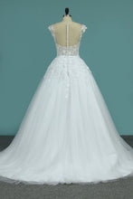 Load image into Gallery viewer, 2023 Wedding Dresses Scoop Tulle With Applique A Line Chapel Train