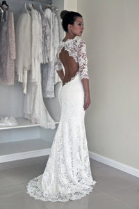 2023 Mermaid Scoop Wedding Dresses 3/4 Length Sleeves Lace Open Back