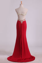 Load image into Gallery viewer, 2024 Prom Dresses Sheath Sweetheart Spandex With Slit And Applique Sweep Train