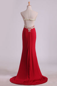 2024 Prom Dresses Sheath Sweetheart Spandex With Slit And Applique Sweep Train