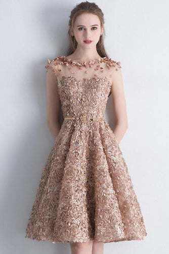 A Line Gold Cap Sleeves Scoop Lace Appliques Short Prom Dresses Homecoming Dresses RS907