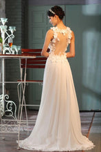Load image into Gallery viewer, Sheer Back A-Line V-Neck Floor-Length Chiffon Appliques Sleeveless Wedding Dress RS66