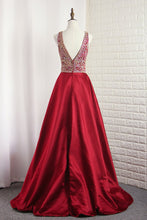 Load image into Gallery viewer, 2024 V Neck Satin Prom Dresses A Line With Beading Open Back Sweep Train