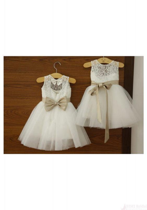 Ankle-length Sashes/Ribbons Scoop Neck White Lace Tulle Flower Girl Dresses RS545