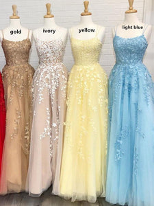 A Line Tulle Yellow Spaghetti Straps Prom Dresses with Appliques, Party SRS15613