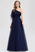 Load image into Gallery viewer, Simple A Line One Shoulder Navy Blue Tulle Prom Dresses Cheap Formal Dresses SRS15382