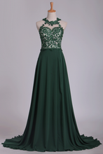 Load image into Gallery viewer, 2024 Scoop Chiffon With Applique And Beads Prom Dresses A Line Sweep Train