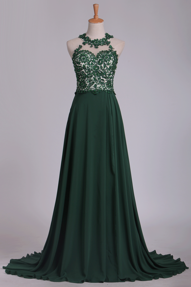 2024 Scoop Chiffon With Applique And Beads Prom Dresses A Line Sweep Train
