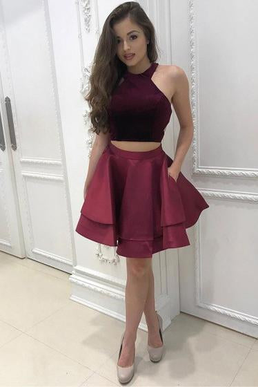 Burgundy Two Pieces Halter Satin Short Prom Dress with Pockets Homecoming Dresses RS913