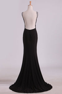 2024 Bateau Prom Dresses Mermaid Open Back Mermaid With Beading Black