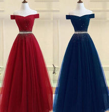 Load image into Gallery viewer, Burgundy A line Off the shoulder Sweetheart Prom Dresses Beads Evening Dresses RS586