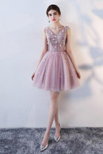 Load image into Gallery viewer, Princess Pink A Line V Neck Flowers Tulle Lace up Short Mini Homecoming Dresses RS877