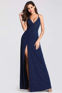 Sexy V Neck Long Spaghetti Straps Mermaid Navy Blue Prom Dresses with High Split SRS15366