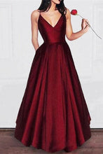 Load image into Gallery viewer, Spaghetti Straps V-Neck Long Burgundy Satin Prom Dresses With Pockets