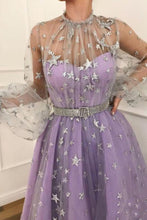 Load image into Gallery viewer, Prom Dress Long Sleeve Satin Lace A-Line Floor Length With Belt