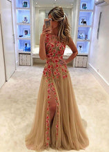Load image into Gallery viewer, Unique Champagne Tulle Applique Long with Slit Sleeveless Floor Length Prom Dresses RS773