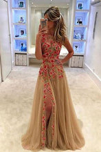 Load image into Gallery viewer, Unique Champagne Tulle Applique Long with Slit Sleeveless Floor Length Prom Dresses RS773