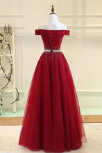 Load image into Gallery viewer, A Line Burgundy Off the Shoulder Lace up Tulle Sweetheart Long Prom Dresses RS141